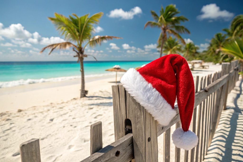 Festive red santa hat resting wooden fence post set against backdrop