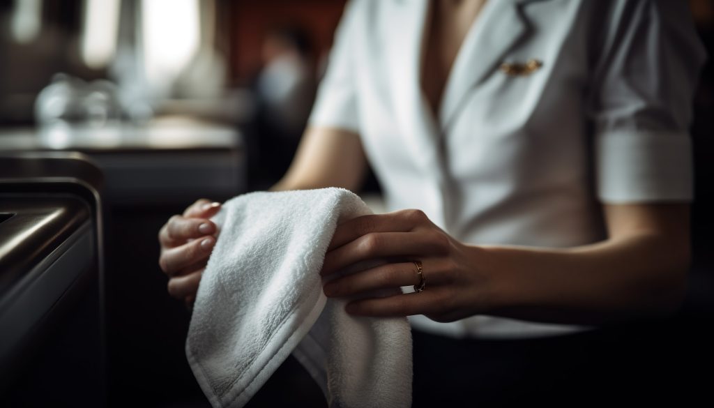 Adult woman holding towel, cleaning kitchen for healthy lifestyle generated by ai