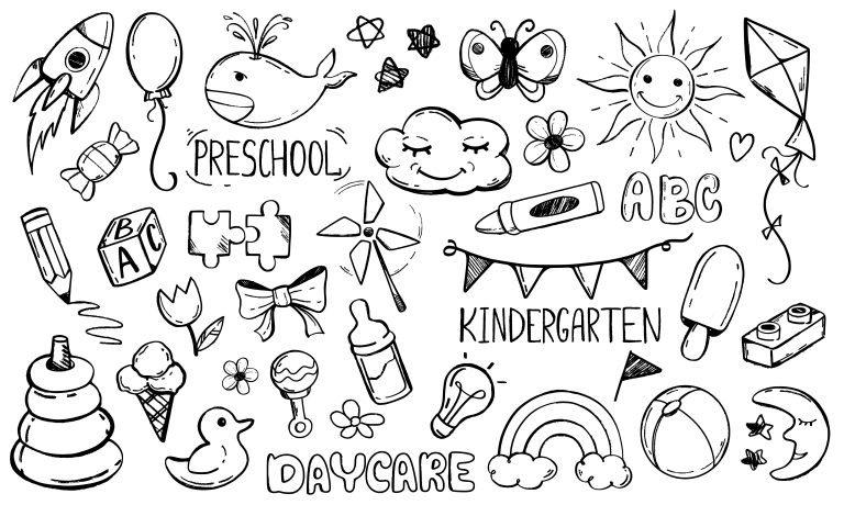 Daycare doodle set, kindergarten and preschool line art icons