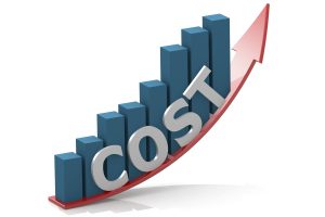 3d rendering illustration of a bar chart with cost word and growing up arrow on a white background