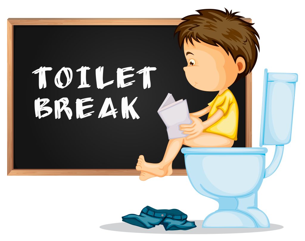 Toilet break with boy reading papers on the toilet