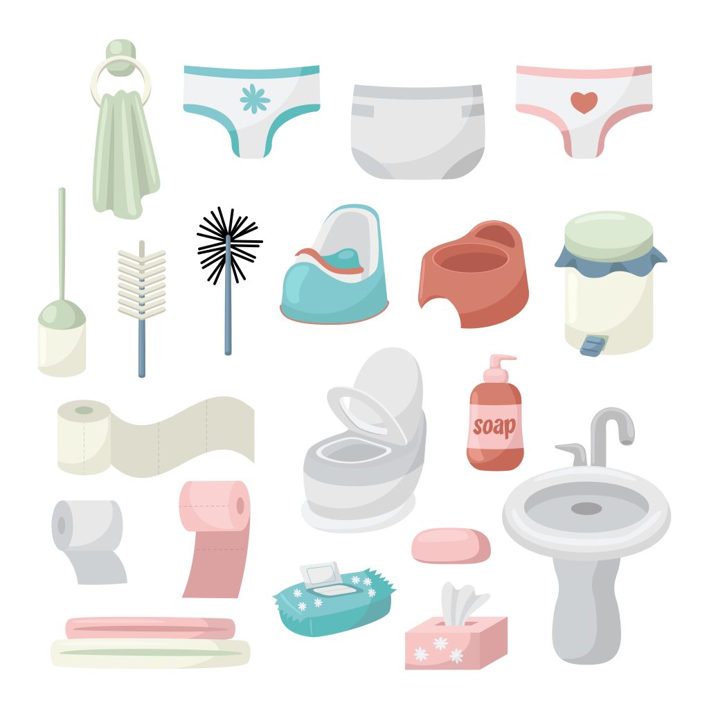 Toilet elements for children training vector illustrations set